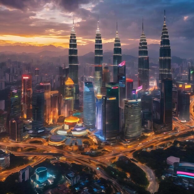 Светящаяся голограмма технологического процесса на рекламном щите воздушный панорамный городской пейзаж Куала-Лумпура в