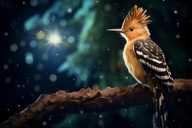 glowing hoopoe with its distinctive crest shining in the moonlight