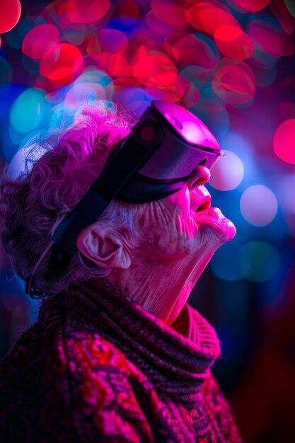 Foto glowing horizons bejaarde vrouw in een helder vr-rijk