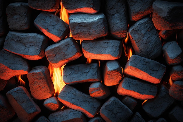 Светящиеся горячие угольные брикеты крупным планом фоновой текстуры