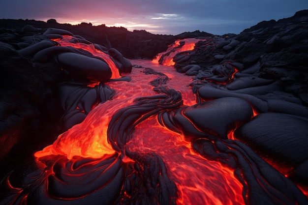 Photo glowing hot lava flow generate ai