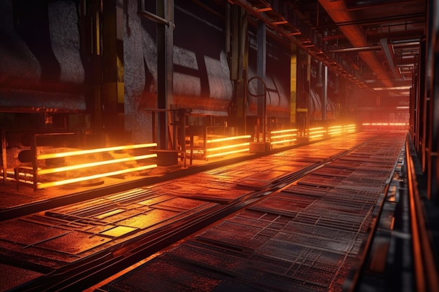 Glowing hot steel bars on a production line created with generative ai