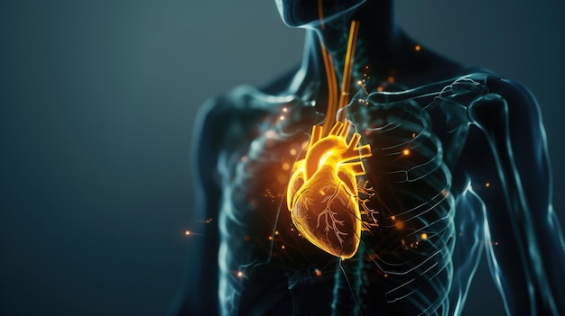 Glowing Human Heart Anatomy in Transparent Body Een digitale weergave van de menselijke anatomie met een gloeiend hart in een transparant lichaam die de complexiteit van het cardiovasculaire systeem toont