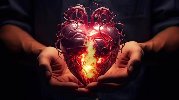 glowing human heart in hands