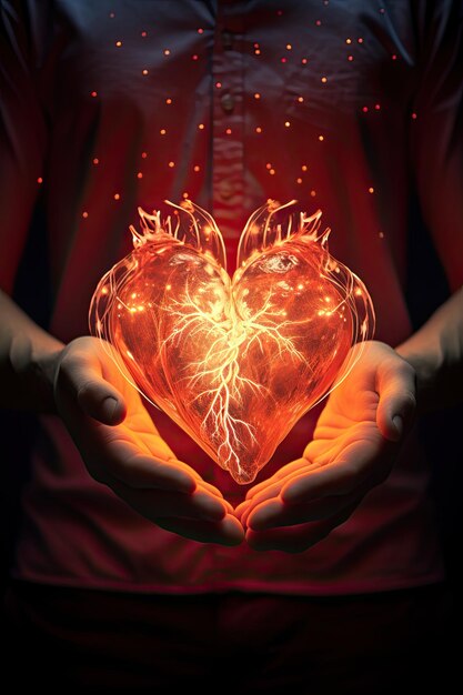 glowing human heart in someones hands