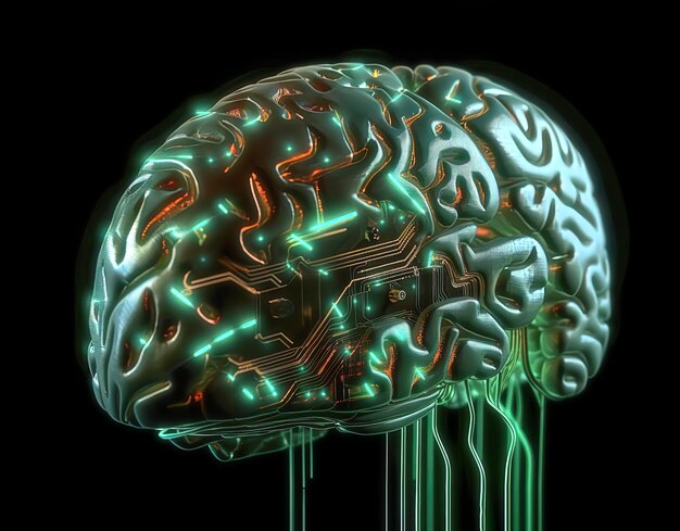 Светящийся мозг человека-компьютера, связанный с проводами AI concept G