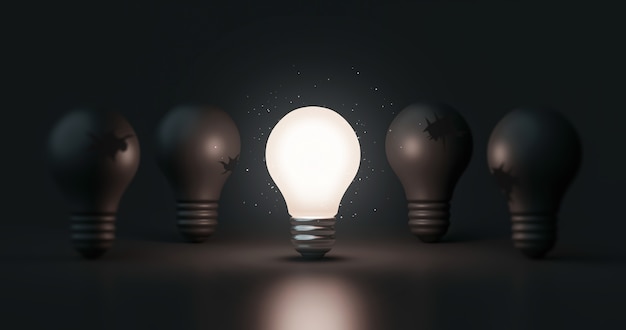 Glowing idea light bulb and innovation thinking creative concept on success inspiration dark background with solution symbol of electric lamp design. 3D rendering.