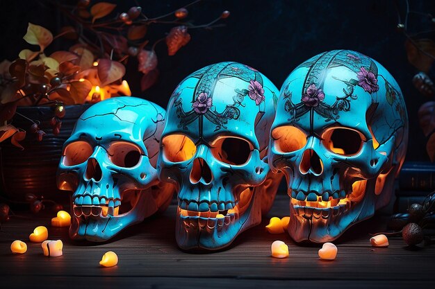 Photo glowing illuminated skulls festive halloween decoration