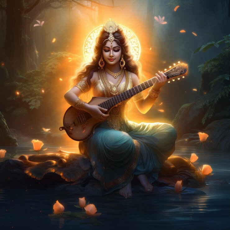 premium-photo-glowing-image-of-beautiful-goddess-saraswati-playing