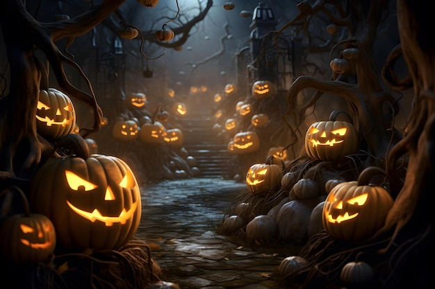 Foto incandescente jacko'lanterns e creature mistiche nella misteriosa foresta illuminata dalla luna sfondo di halloween generato ai