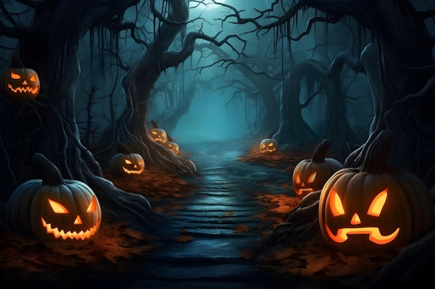 Glowing Jackolanterns and mystical creatures in eerie moonlit forest Halloween background