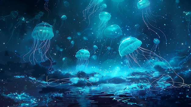 Photo glowing jellyfish in the dark ocean bioluminescent jellyfish light up the deep sea with their mesmerizing glow