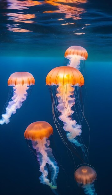 Glowing jellyfish floating through a Deep in the ocean at twilight