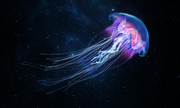 Photo glowing jellyfish swim deep in blue sea. medusa neon jellyfish fantasy in space cosmos among stars