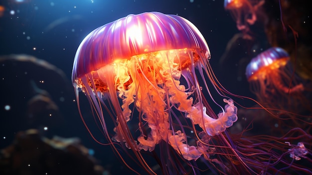 Glowing jellyfish swim deep in blue sea Medusa neon jellyfish fantasy in space cosmos among stars