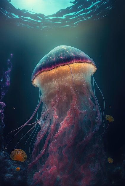 Glowing jellyfish swim deep in blue sea Medusa neon jellyfish fantasy in space cosmos water 3d illustration