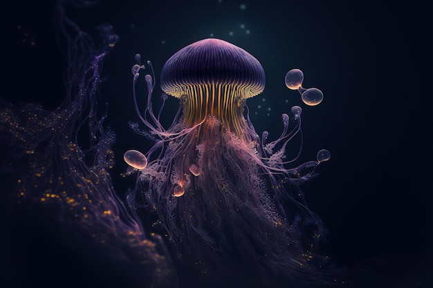 Glowing jellyfish swim deep in blue sea Medusa neon jellyfish fantasy in space cosmos water 3d illustration