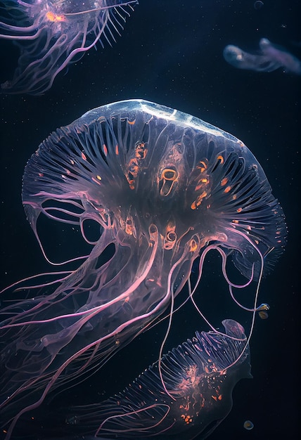 Glowing jellyfish swim deep in blue sea White Jellyfish dancing in the dark blue ocean water