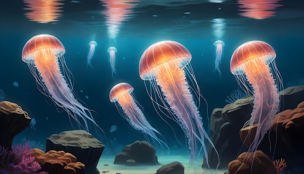 Glowing jellyfish swim deep in blue sea