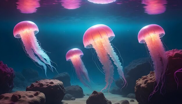 Glowing jellyfish swim deep in blue sea