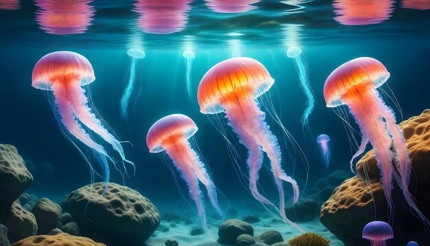 Glowing jellyfish swim deep in blue sea