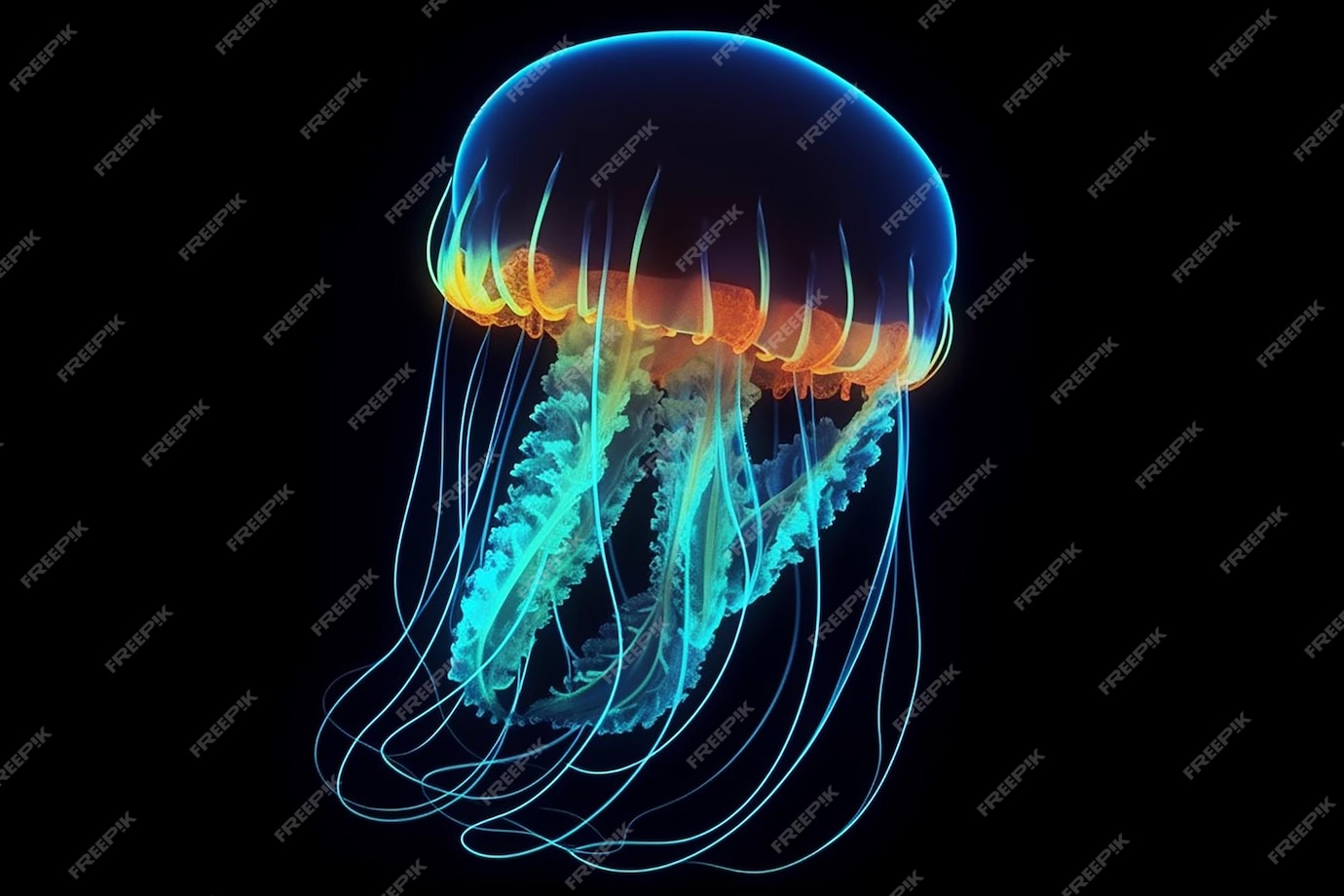 Glowing jellyfish swim deep in water medusa neon jellyfish fantasy in dark deep sea generative ai