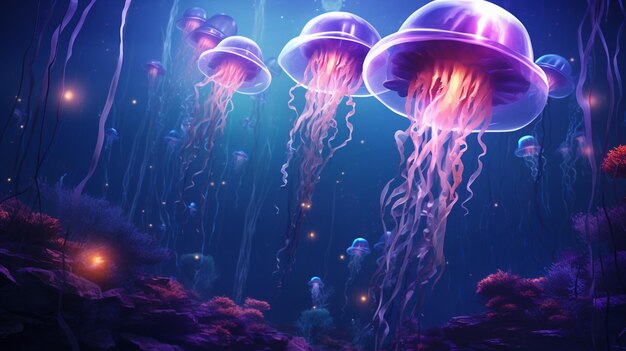 Glowing jellyfish swimming under the sea fantasy background AI generated picture