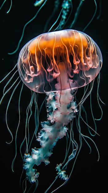 Glowing jellyfish zwemmen diep in blauwe zeekleurige gloeiende jellyfish in het donker