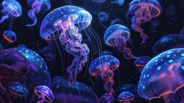 Glowing jellyfishes in dark AIart