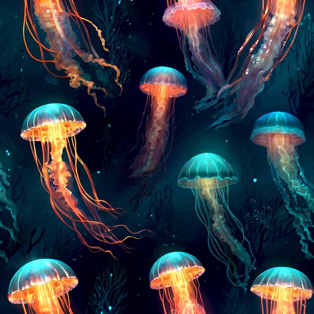 Glowing jellyfishes underwater