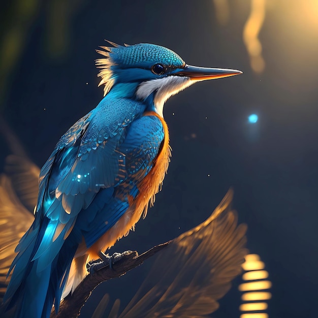 Светящаяся птица-зимородок с блестящим длинным хвостом и генератором искусственного интеллекта