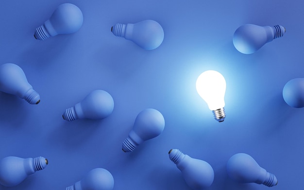 Фото Светящаяся лампа среди отключенной синей лампочки для умного мышления и концепции творческого решения проблем с помощью 3d-иллюстрации