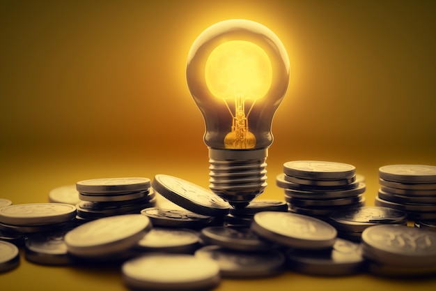 Glowing lamp bulb with coins tariffs for electricity payment for electricity illustration Generative AI