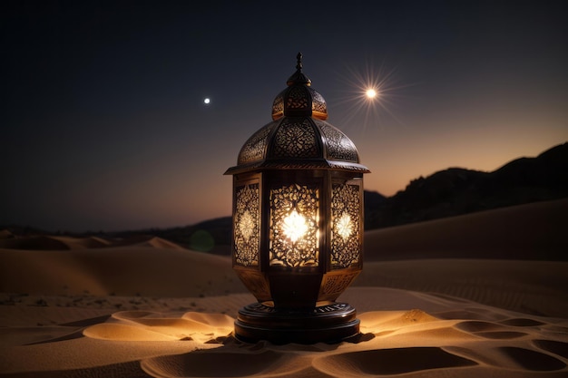 Photo glowing lantern in the desert