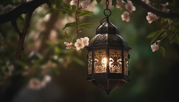 Glowing lantern hanging from old tree branch generated by AI
