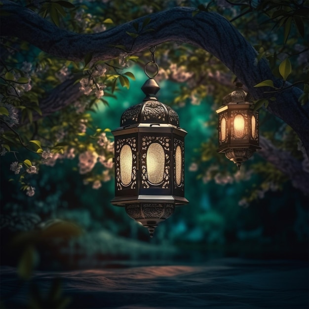 Glowing Lantern Illuminates Nature's Elegance in Ramadan