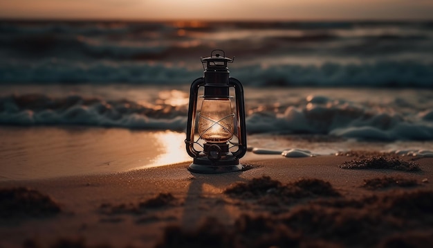 Glowing lantern illuminates tranquil summer coastline scene generated by AI