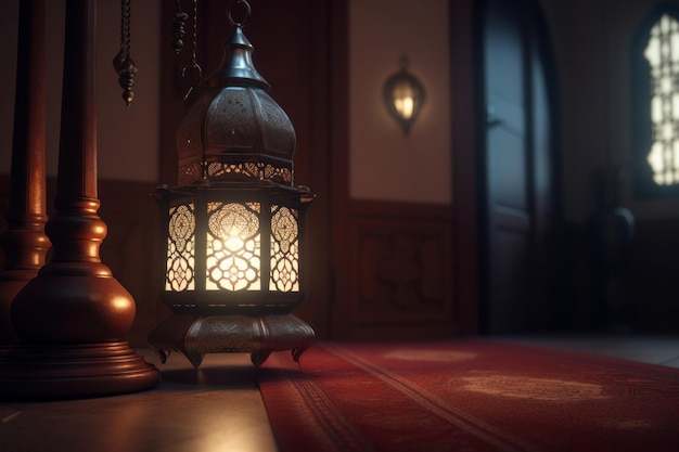 Glowing lantern on a wooden table in a dimly lit room