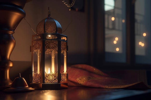 Glowing lantern on a wooden table in a dimly lit room