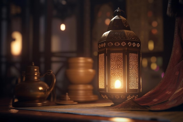 Glowing lantern on a wooden table in a dimly lit room