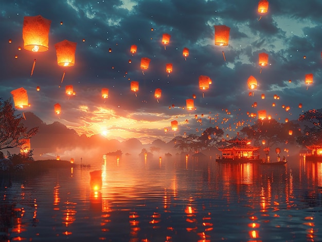 Photo glowing lanterns floating into the night sky