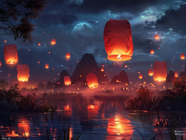 Photo glowing lanterns floating into the night sky