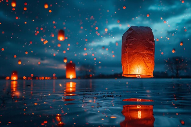 Photo glowing lanterns floating into the night sky