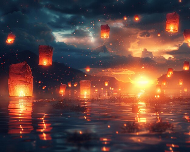 Photo glowing lanterns floating into the night sky