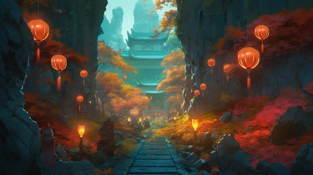 Glowing lanterns light a mossy stone path Ai generated art