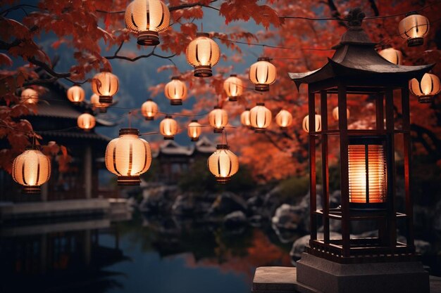 Glowing lanterns light up an autumn night scene generated