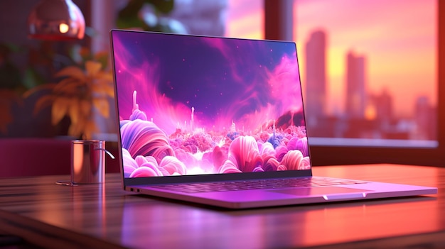 Photo glowing laptop on pink