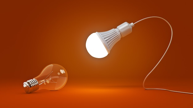 Glowing LED bulb and simple light bulbs 3d rendering