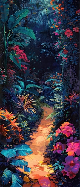 Glowing licht schilderij paden weven door een weelderige tropische tuin van levendige bloemen