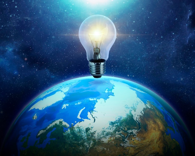 Glowing light bulb blue earth in space colorful solar system\
self learning or education knowledge and business studying concept\
3d render